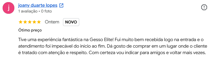 Avaliação de cliente da Gesso Elite no Google